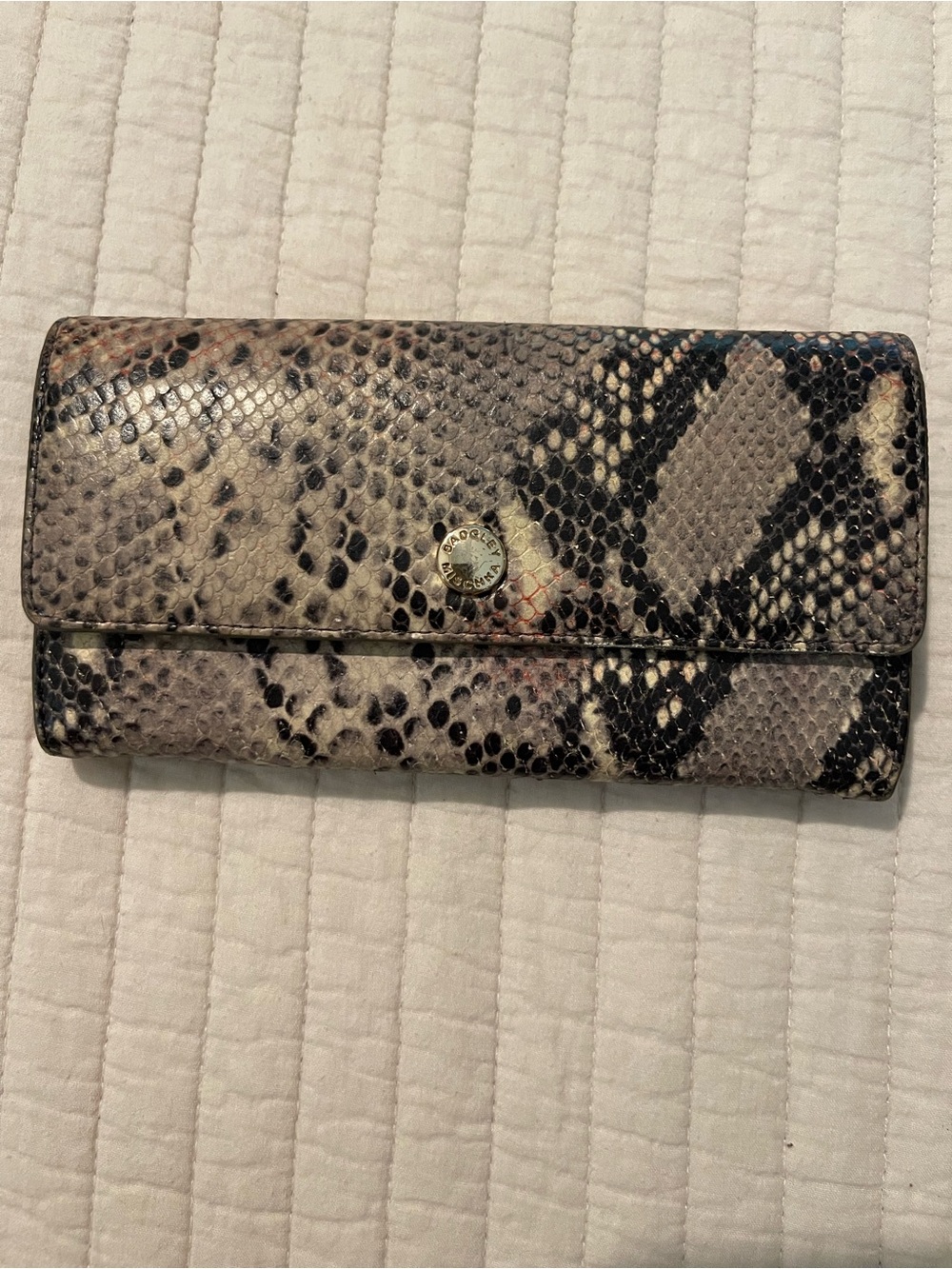 Snake-Embossed Leather Foldover Wallet - Neutral Tones